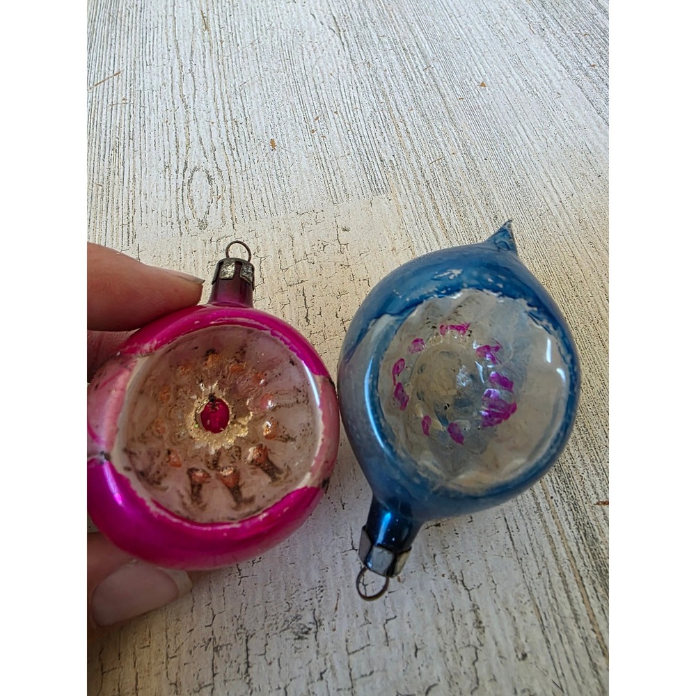 Vintage indent pink blue glass ornament teardrop ball Xmas tree